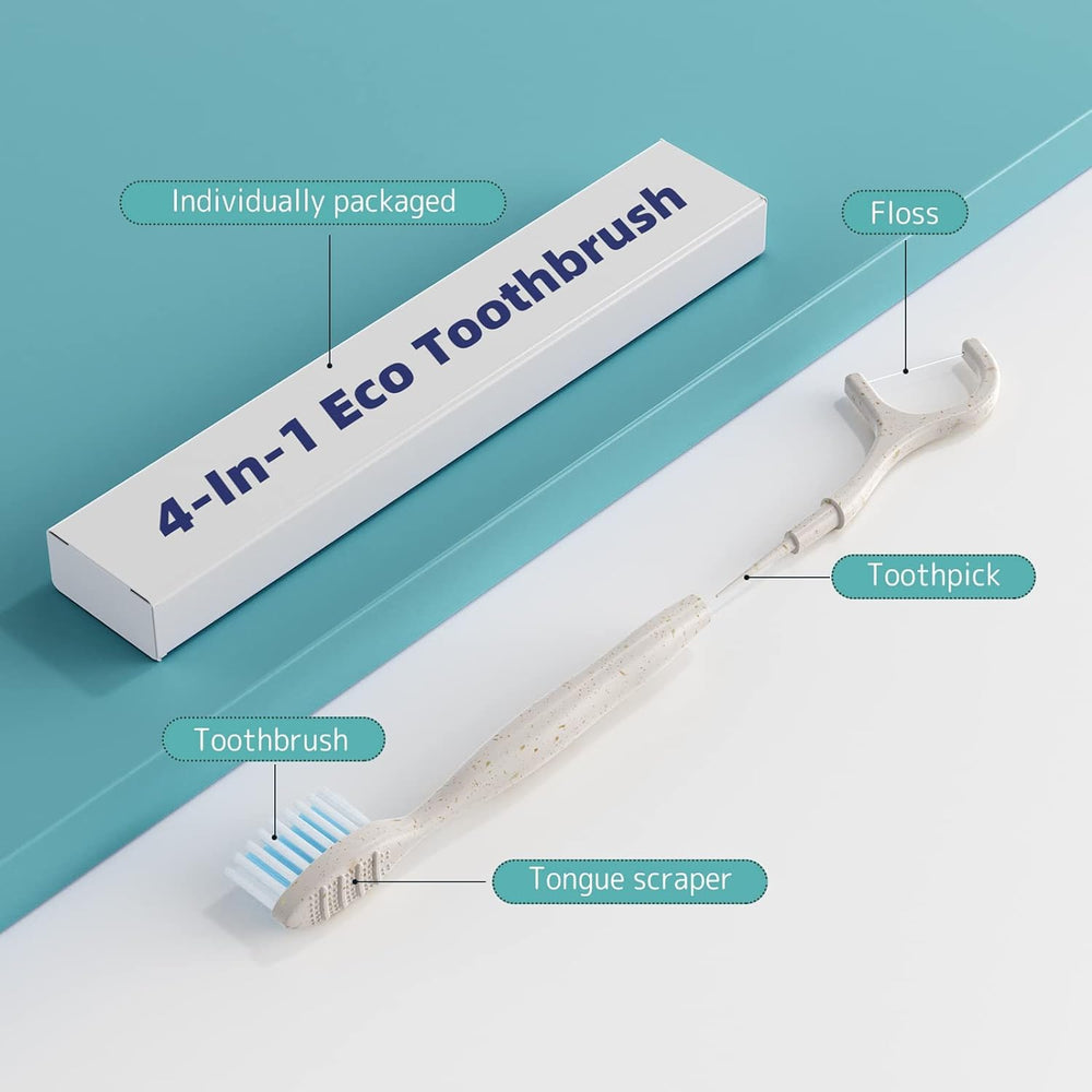 Biodegradable wheat straw handle on eco-friendly disposable toothbrush