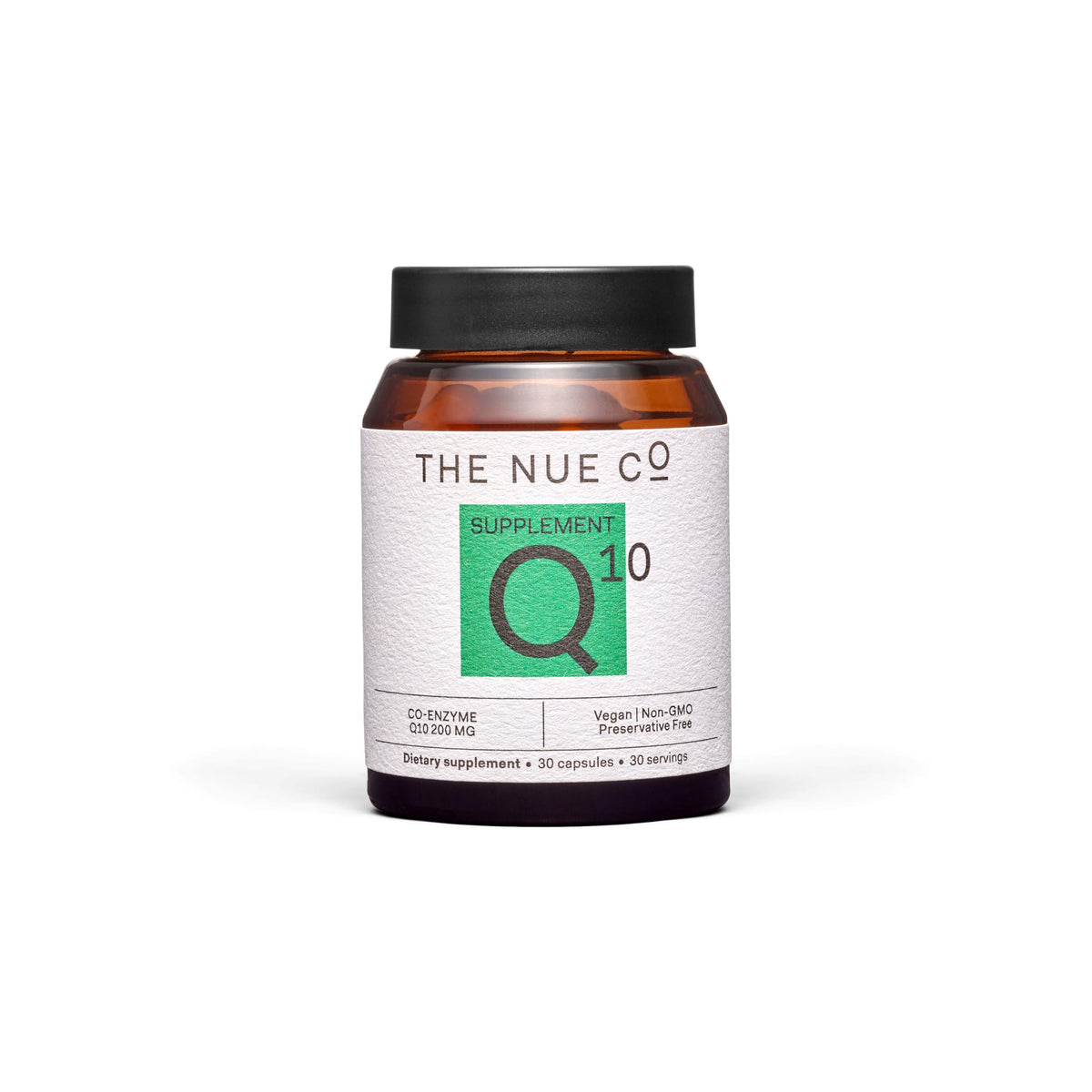 The Nue Co COQ10 supplement bottle – front view