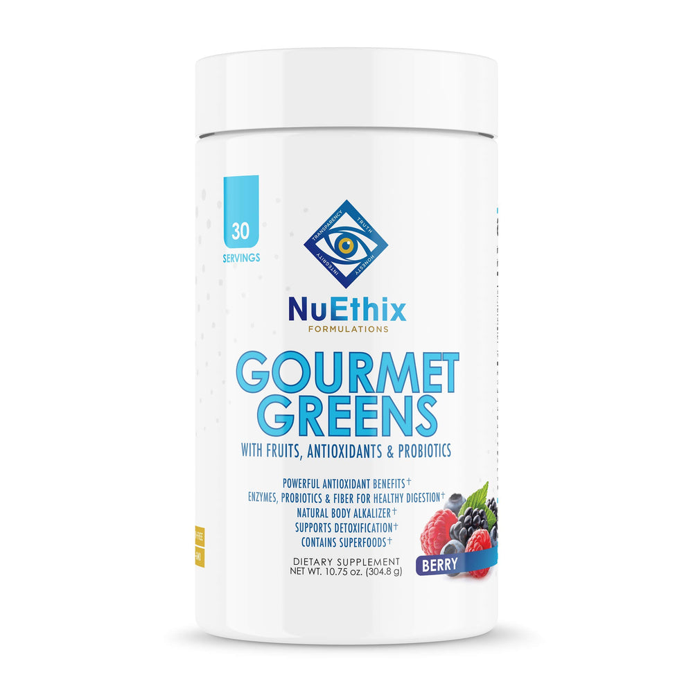 Front view of NuEthix Gourmet Greens Berry Powder jar with label