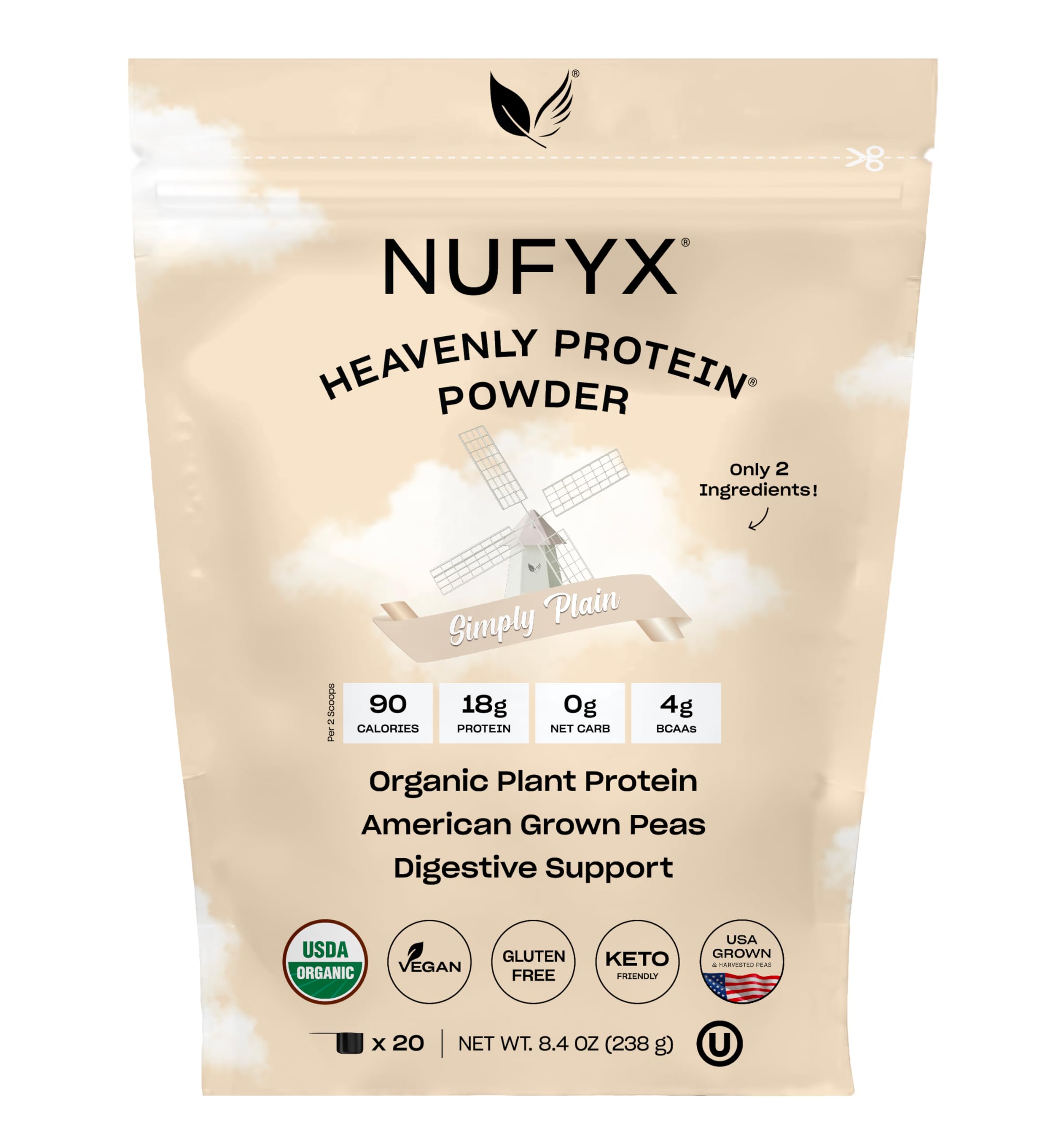 NUFYX Heavenly Protein Powder tub front highlights plant-based nutrition for daily wellness.