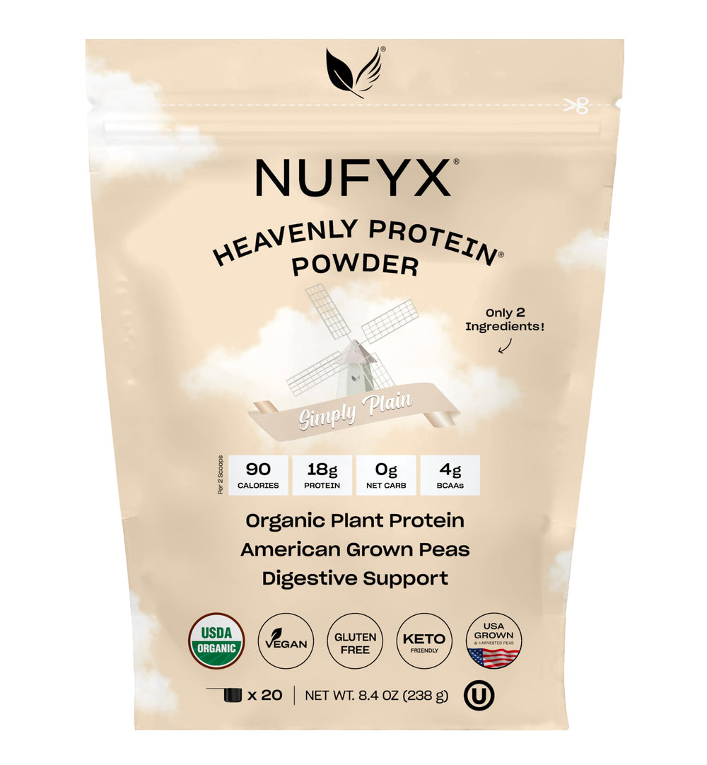 NUFYX Heavenly Protein Powder tub front highlights plant-based nutrition for daily wellness.