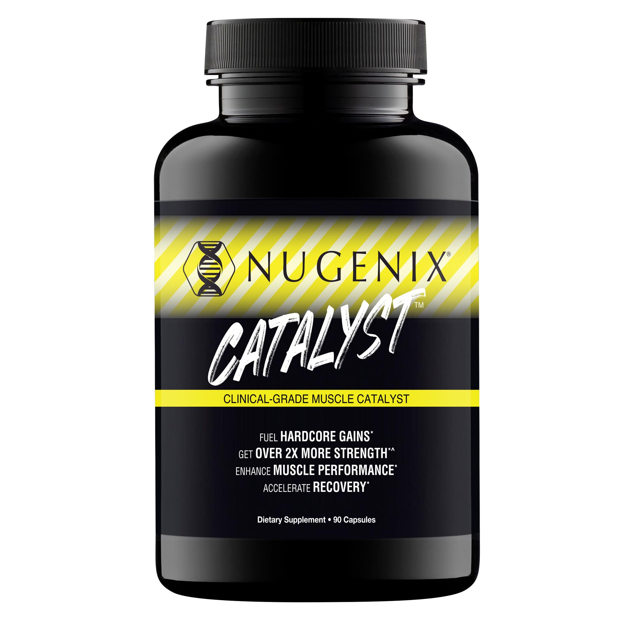 Nugenix Catalyst bottle and capsules on a gym bench