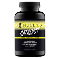 Nugenix Catalyst bottle and capsules on a gym bench