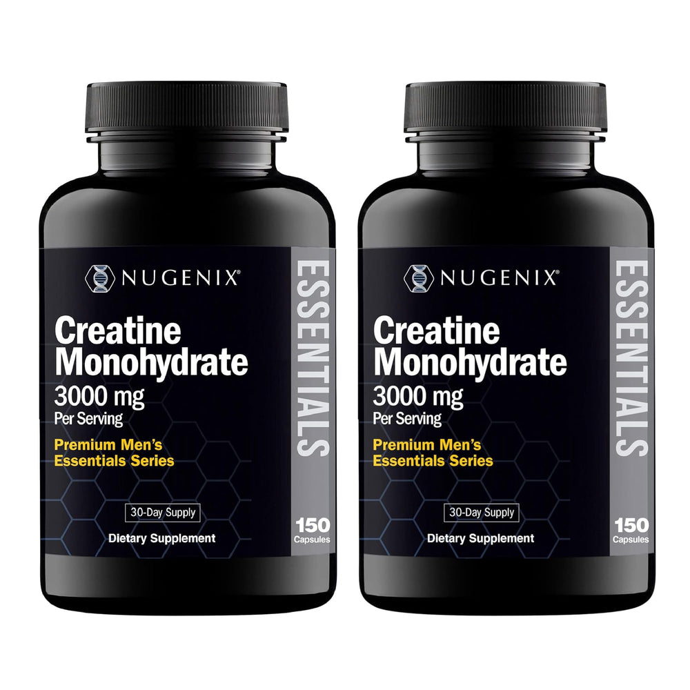 Nugenix Essentials Creatine Monohydrate bottle showing 3000mg capsules, 300 count