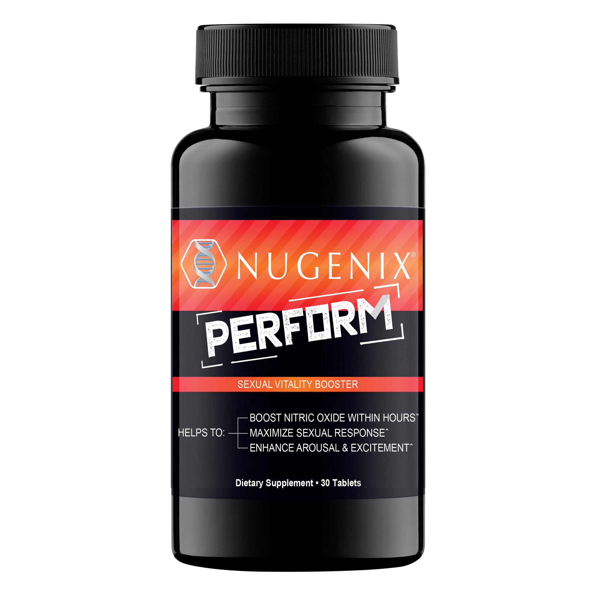 Nugenix Perform bottle on counter for daily vitality support and focus.