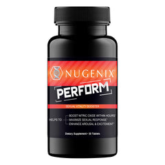 Nugenix Perform bottle on counter for daily vitality support and focus.