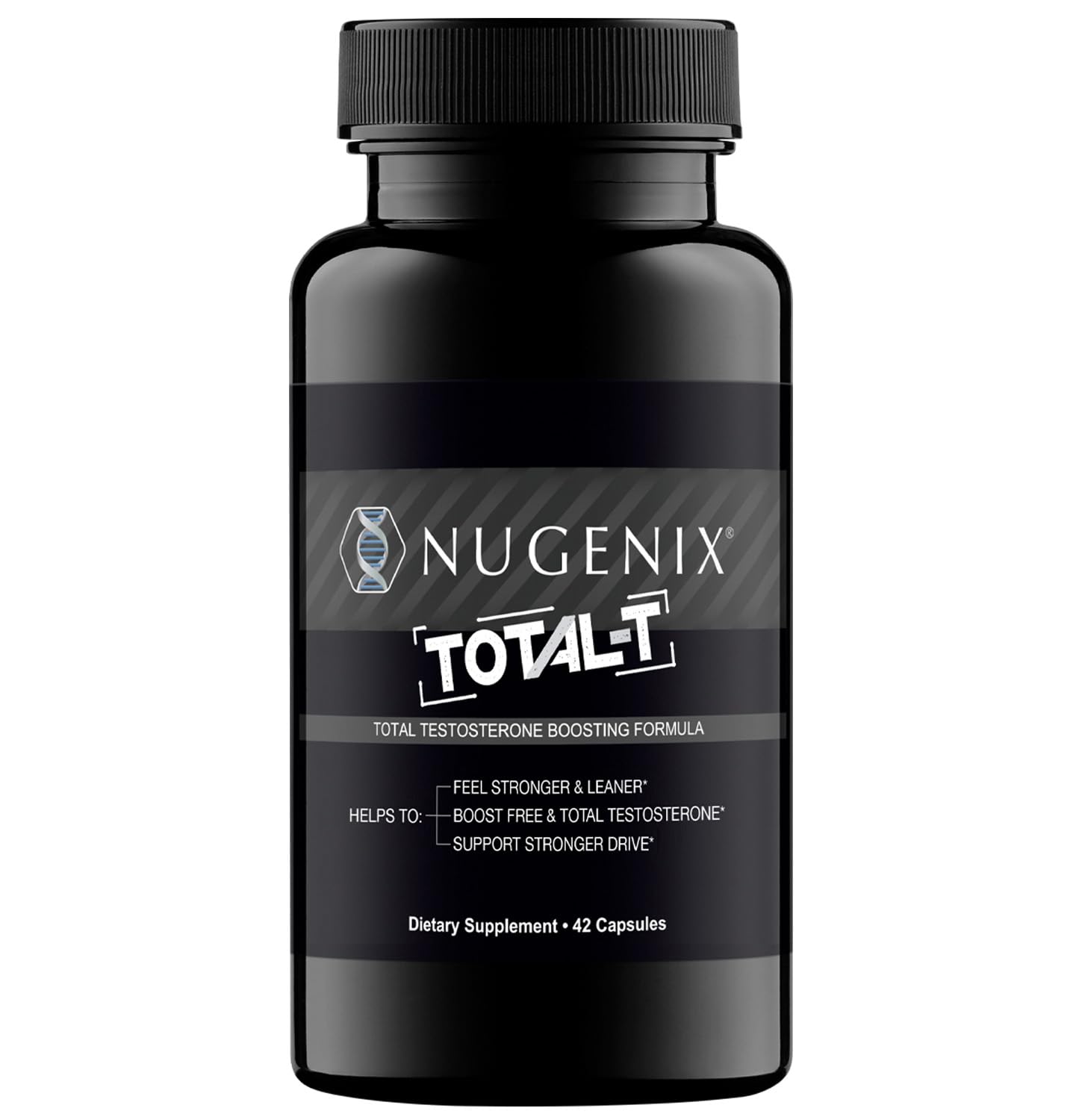 Nugenix Total-T bottle and label showing 42-count container