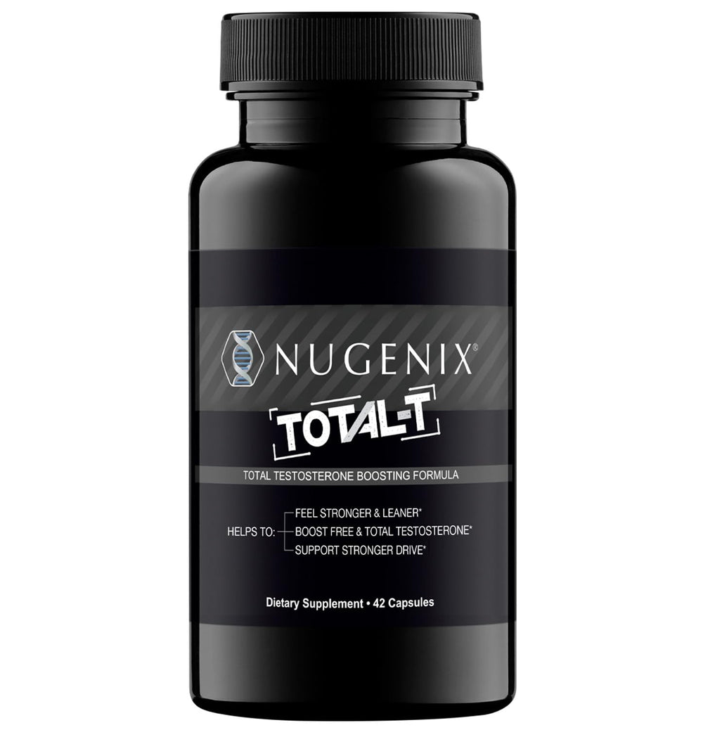 Nugenix Total-T bottle and label showing 42-count container
