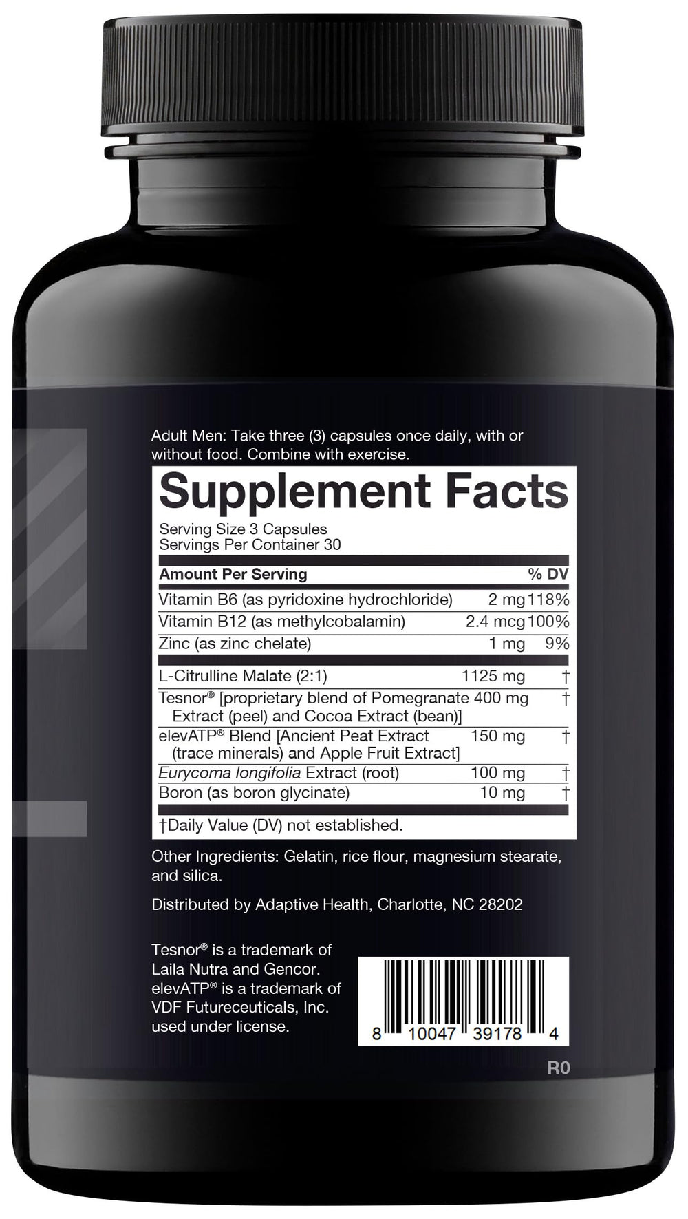 Close-up view highlighting Nugenix Total-T ingredients Tesnor, elevATP, and boron