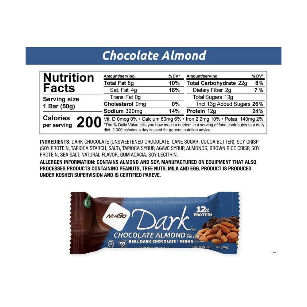 NuGo dark chocolate almond sea salt bar close-up shows almonds and glossy chocolate, crave-worthy.
