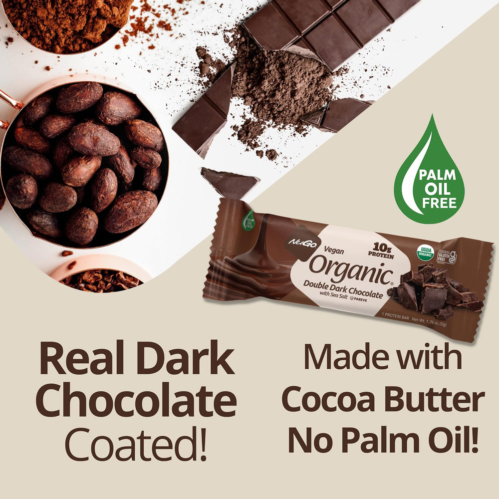NuGo Organic Dark Chocolate Almond highlights plant-based protein from rice and pea.