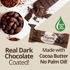 NuGo Organic bar cross-section reveals dark chocolate coating and plant protein.