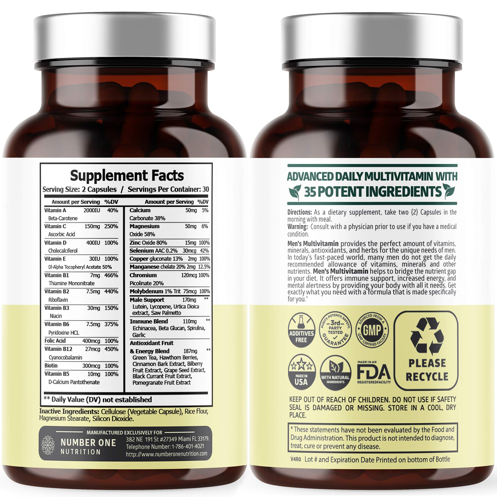 Bottle label highlighting ingredients and 35 vitamins and minerals