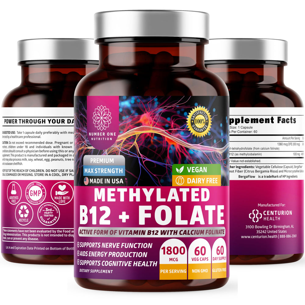 Front view of Number One Nutrition Methylated B12 + Folate bottle, 60 vegan capsules