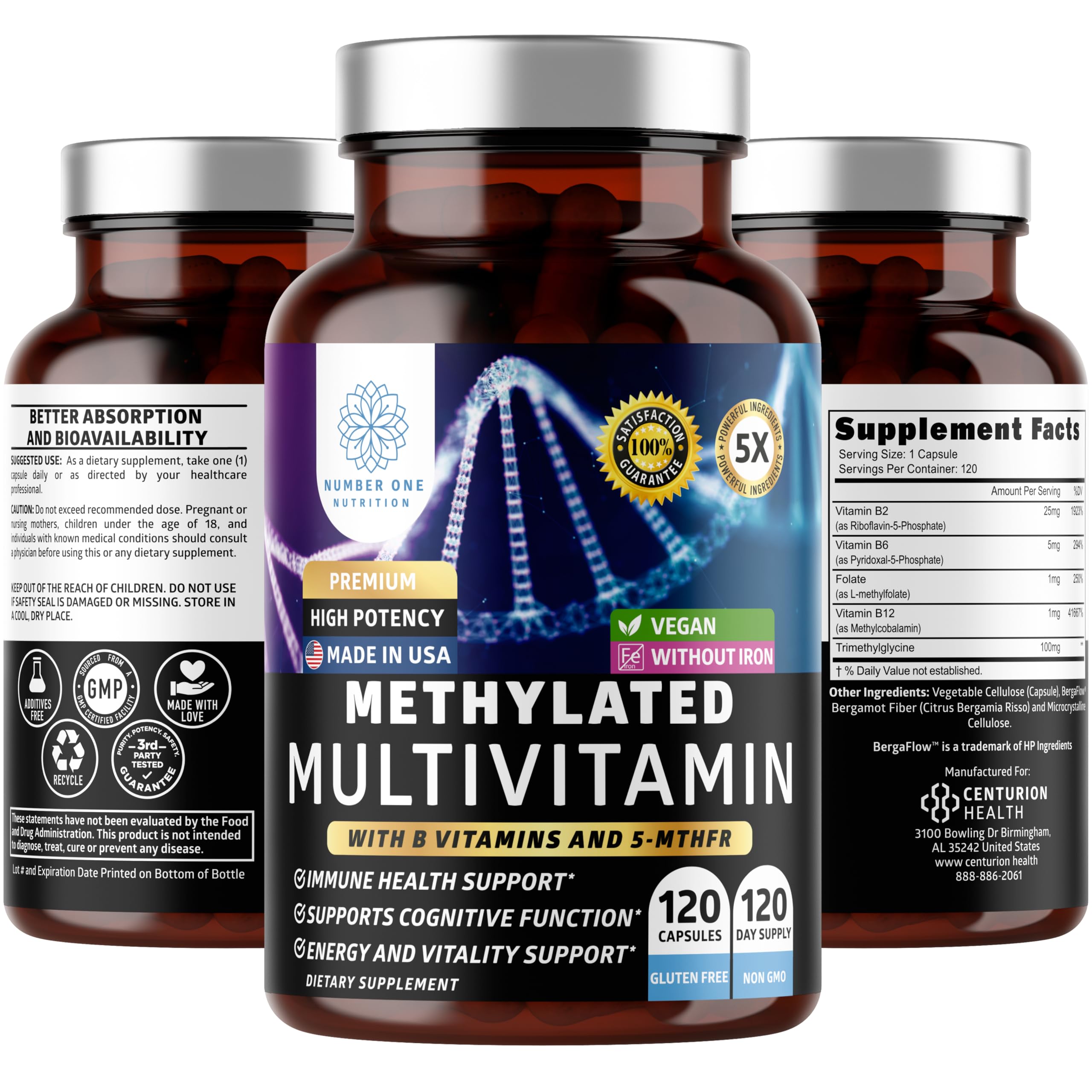 Product label of Number One Nutrition Methylated Multivitamin - 120 capsules