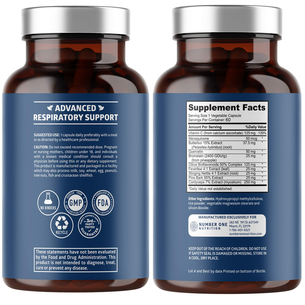 Number One Nutrition N1N capsules close-up highlights a natural lung support formula.