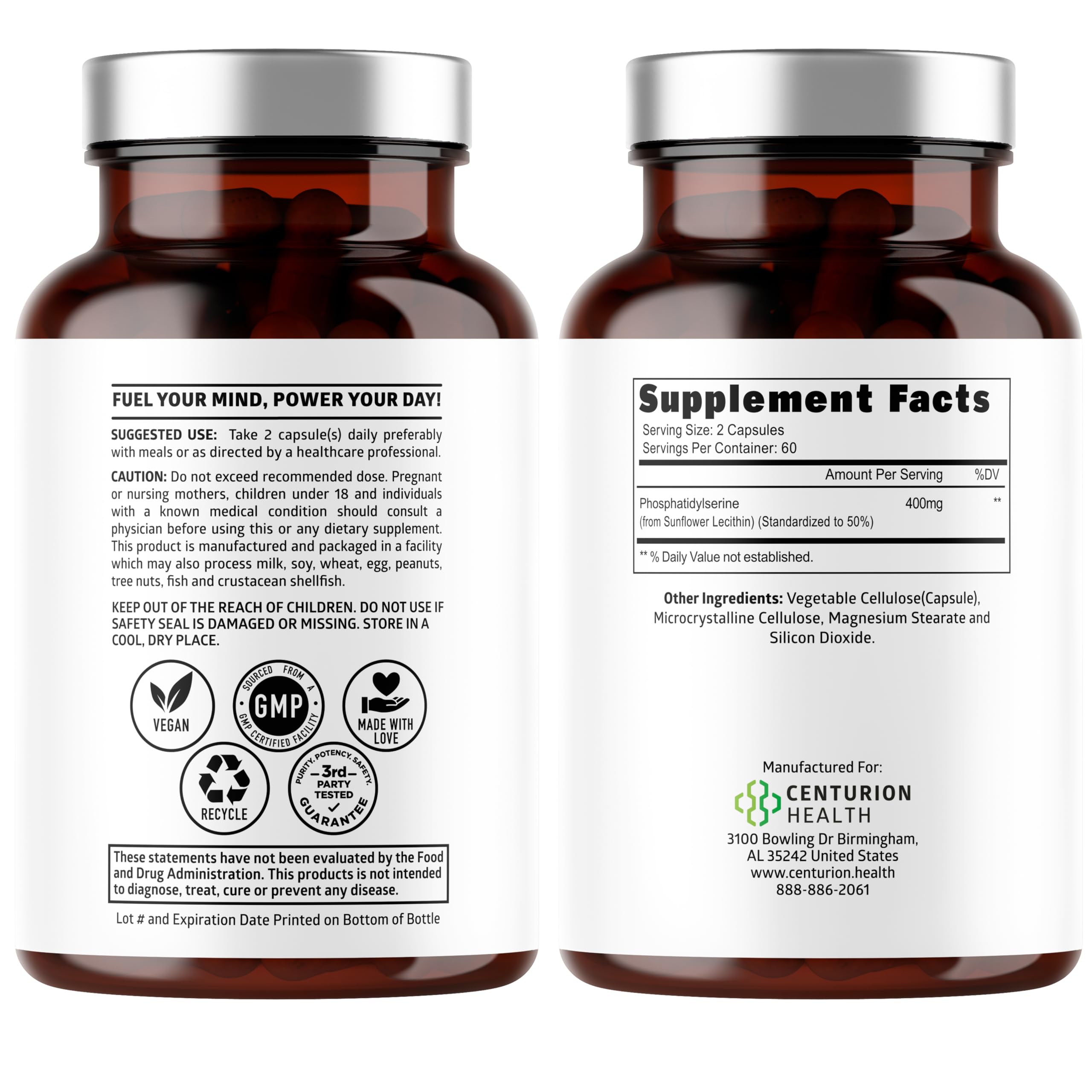 Close-up of product label highlighting sunflower lecithin as the phosphatidylserine source