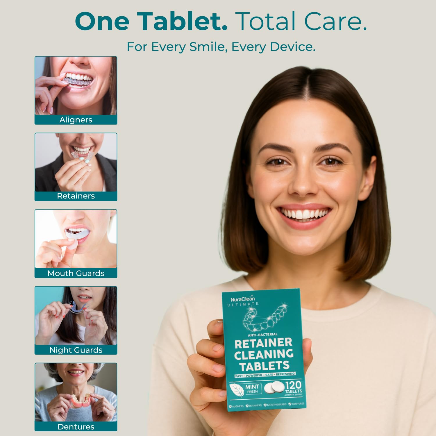Close-up of the 120-count pack label for NuraClean Ultimate tablets
