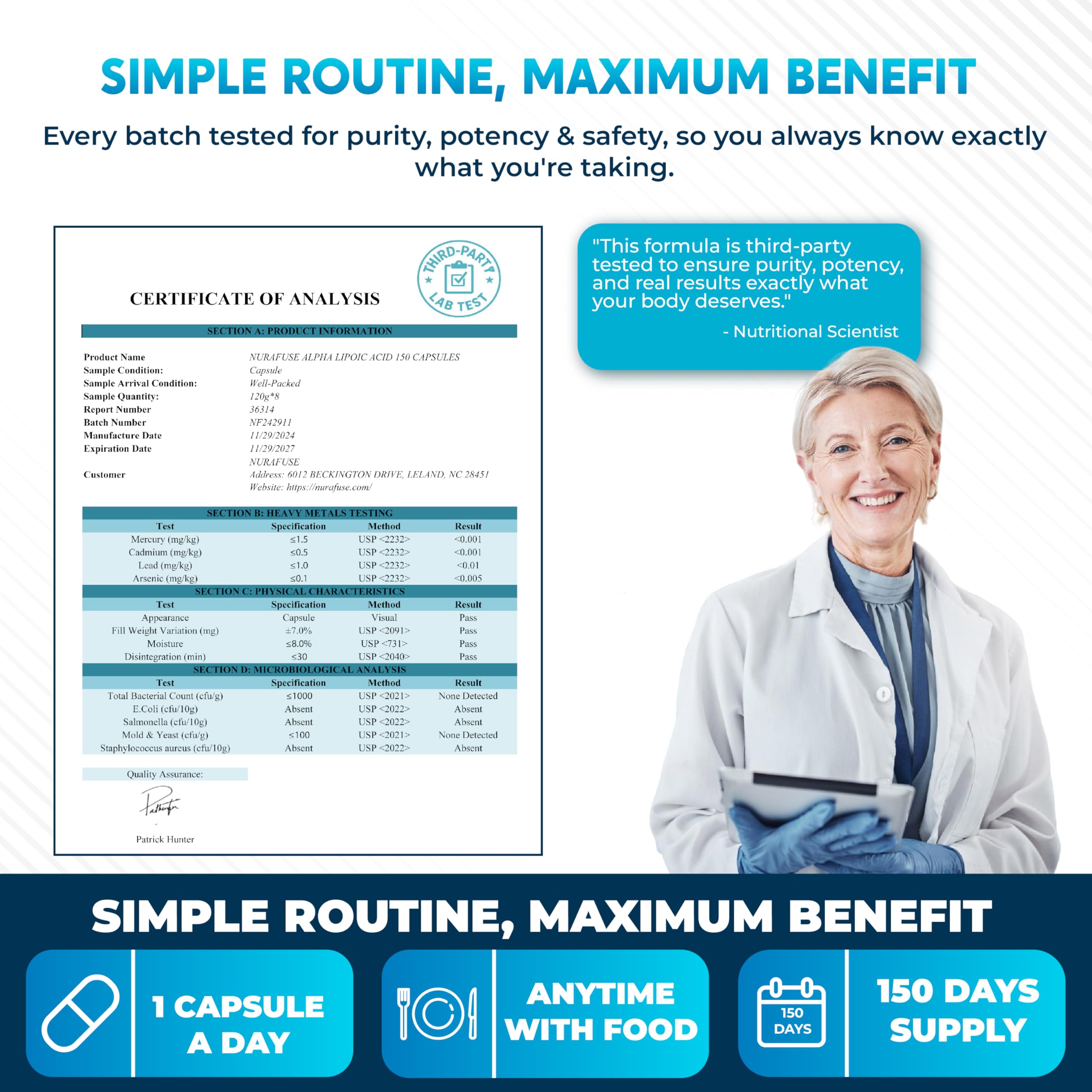 GMP and ISO 17025 testing badges on packaging