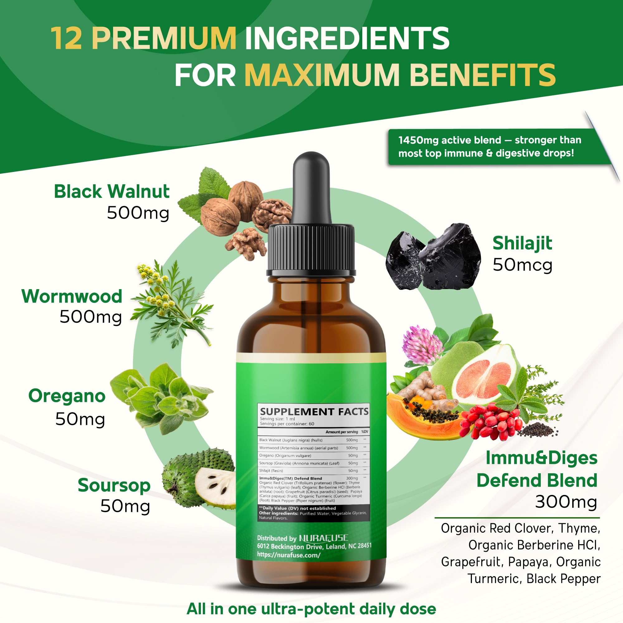 Immu&Diges Defend Blend ingredients including Red Clover, Thyme, Berberine, Papaya