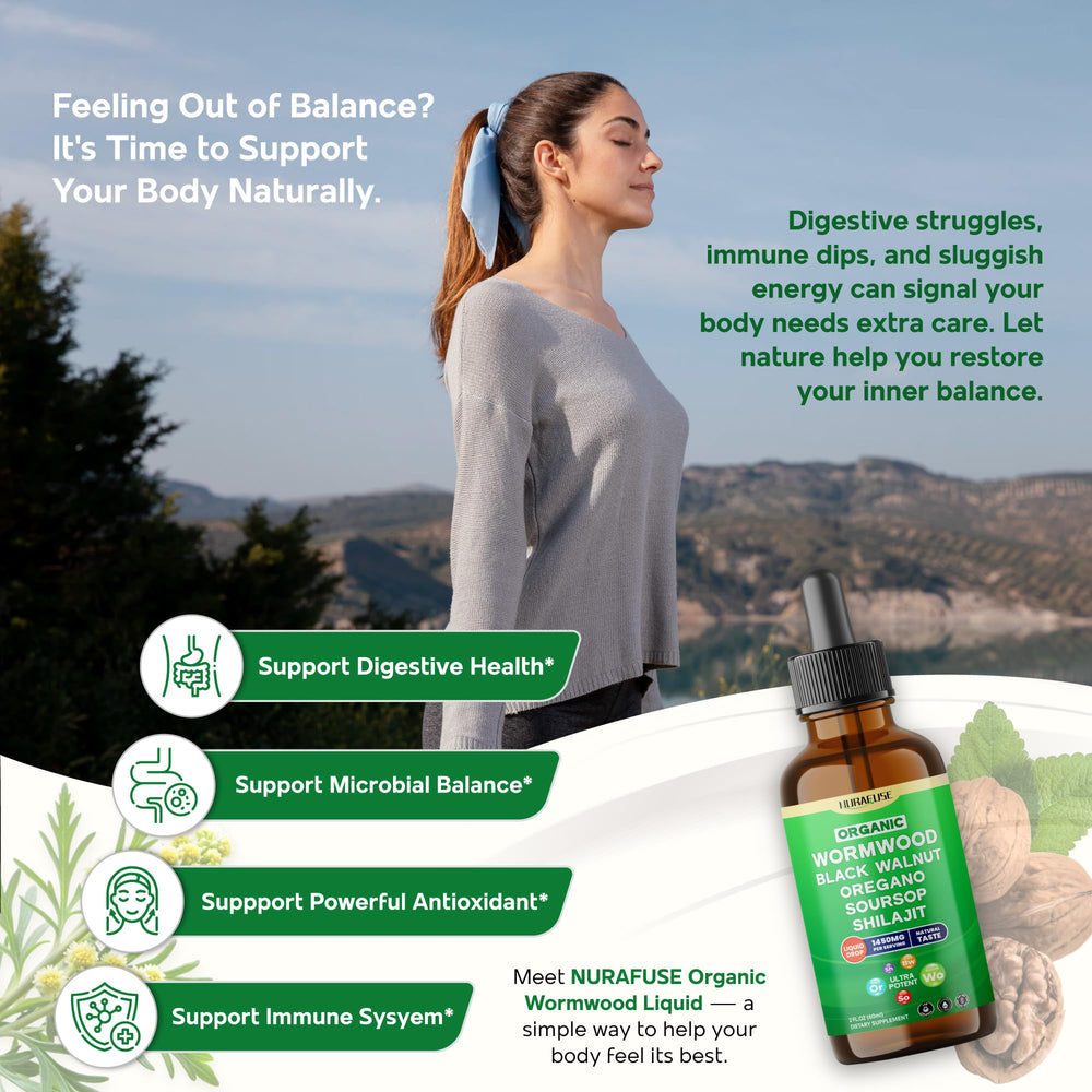NURAFUSE Wormwood, Black Walnut, Oregano, Soursop, and Shilajit ingredients