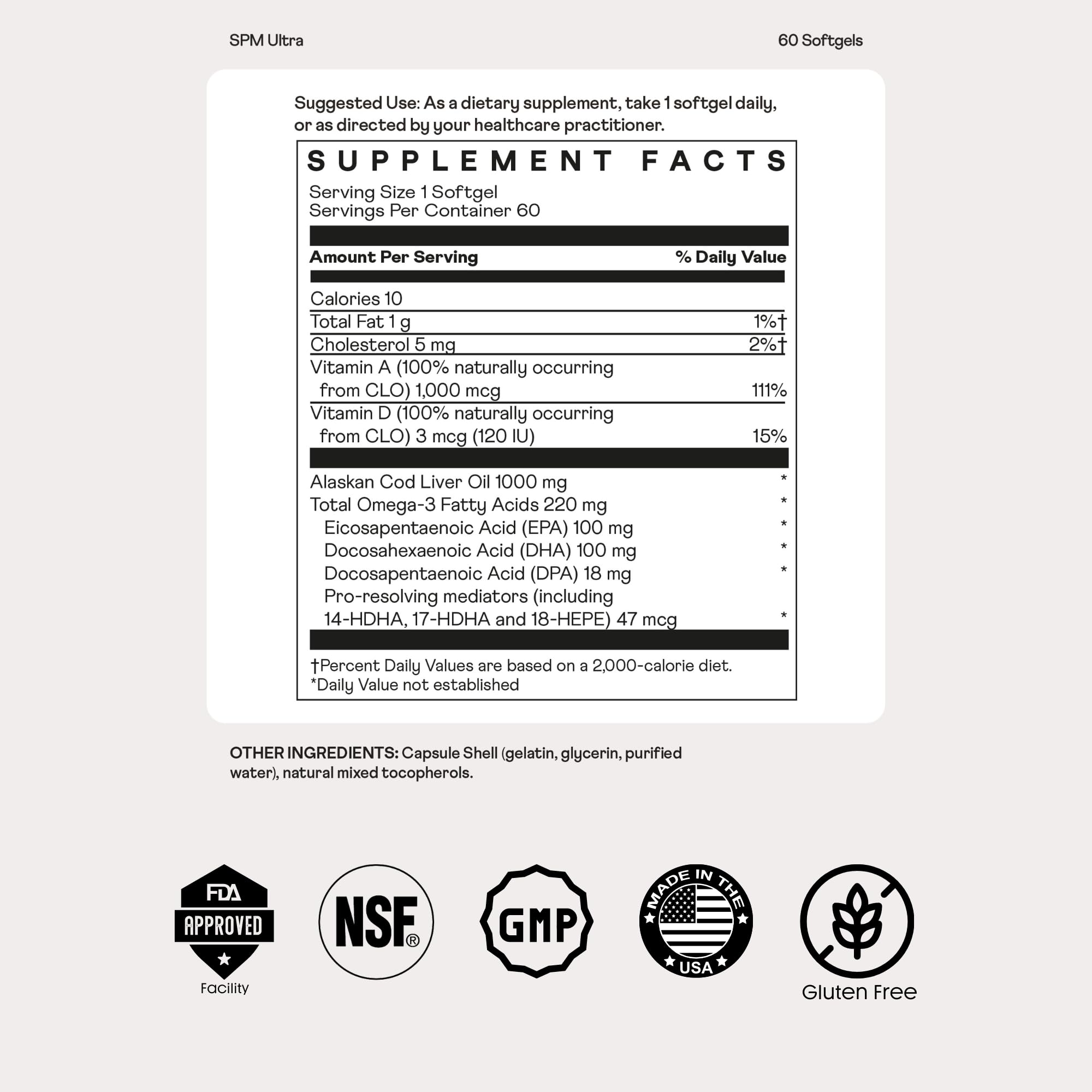 Nutrition facts showing DHA, EPA, and DPA on bottle label
