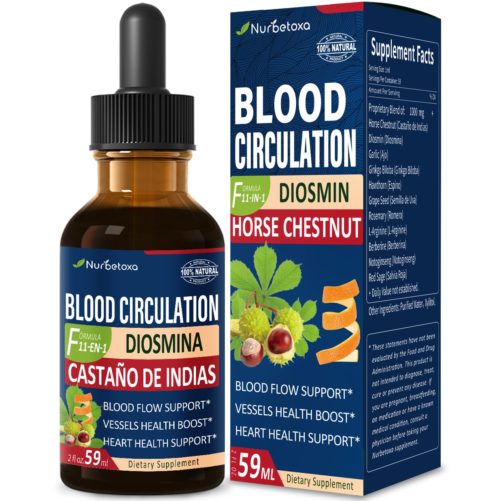 Nurbetoxa blood circulation liquid drops bottle shows a natural herbal formula for vascular support.