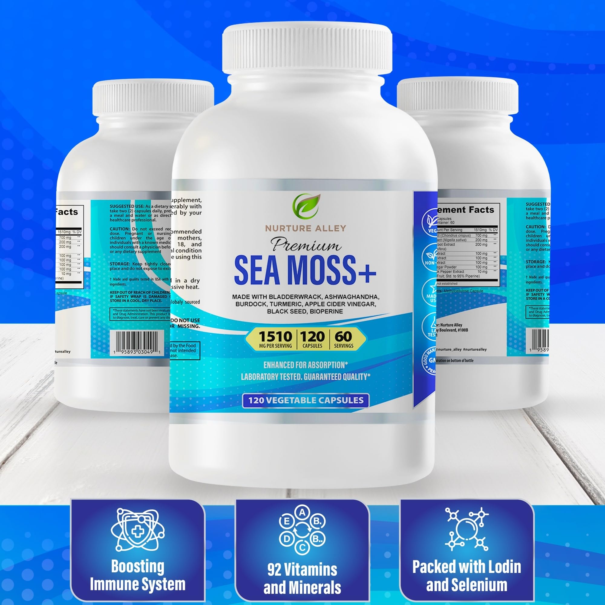 Nurture Alley Sea Moss & Black Seed Complex bottle label close-up