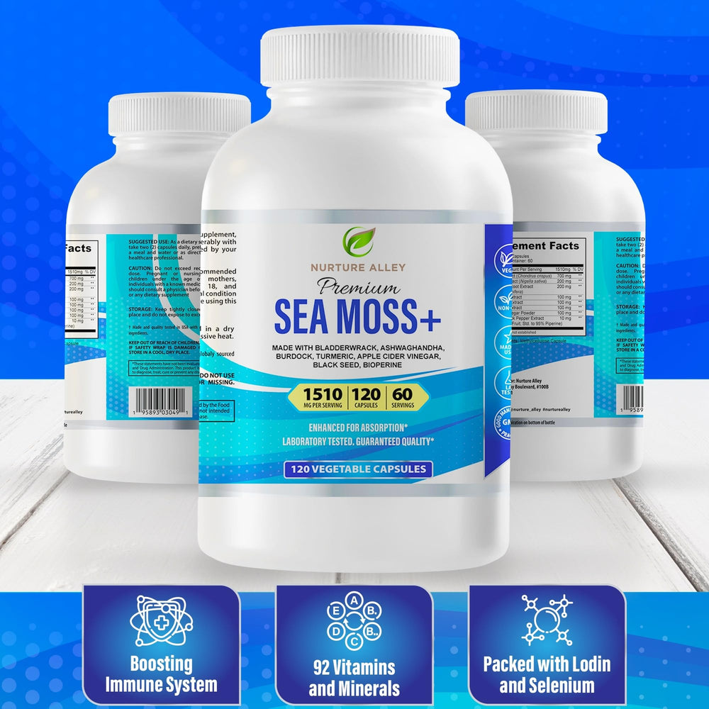 Nurture Alley Sea Moss & Black Seed Complex bottle label close-up