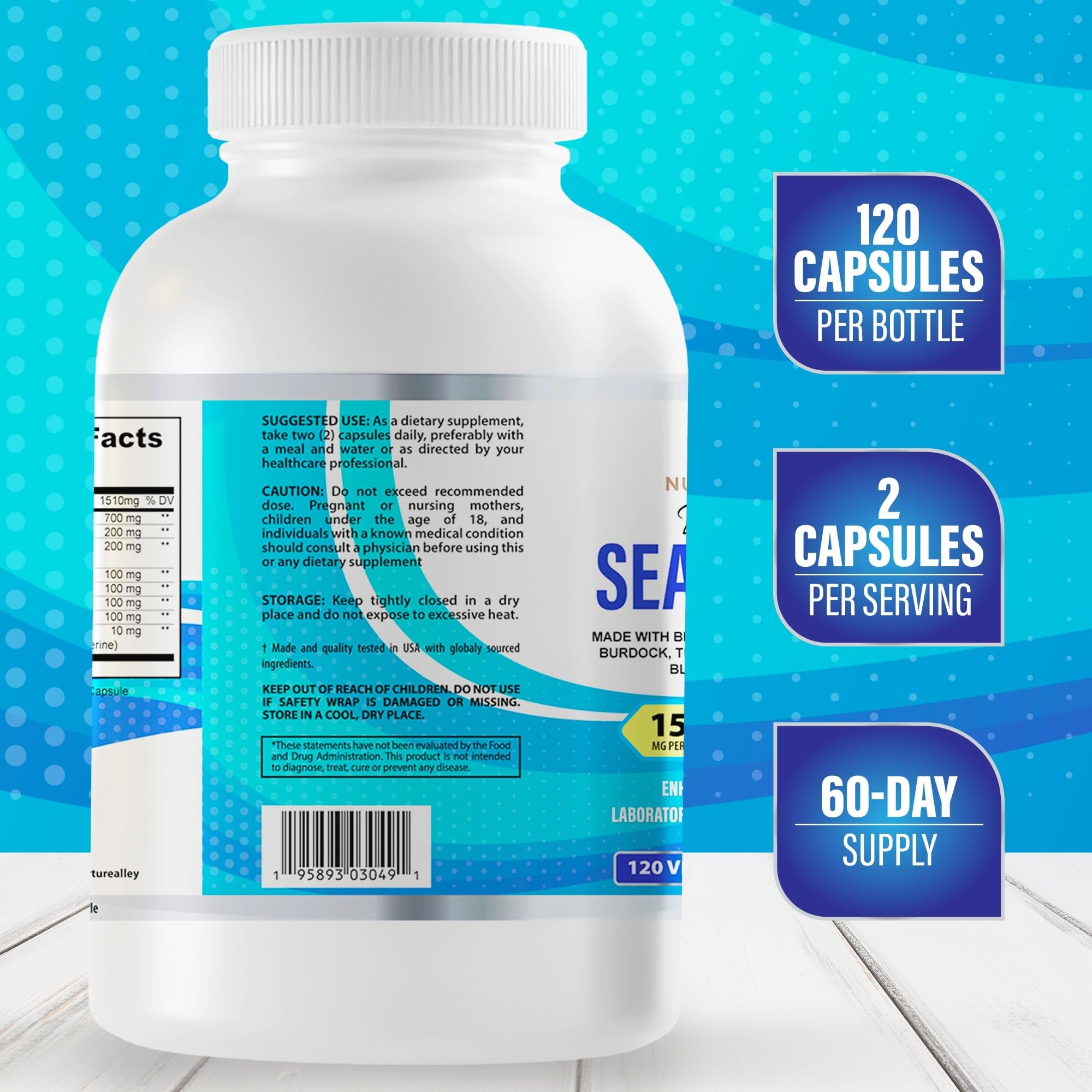 Illustration of Sea Moss, Ashwagandha, Turmeric, Burdock, Bladderwrack and BioPerine