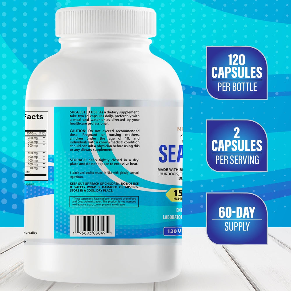 Illustration of Sea Moss, Ashwagandha, Turmeric, Burdock, Bladderwrack and BioPerine