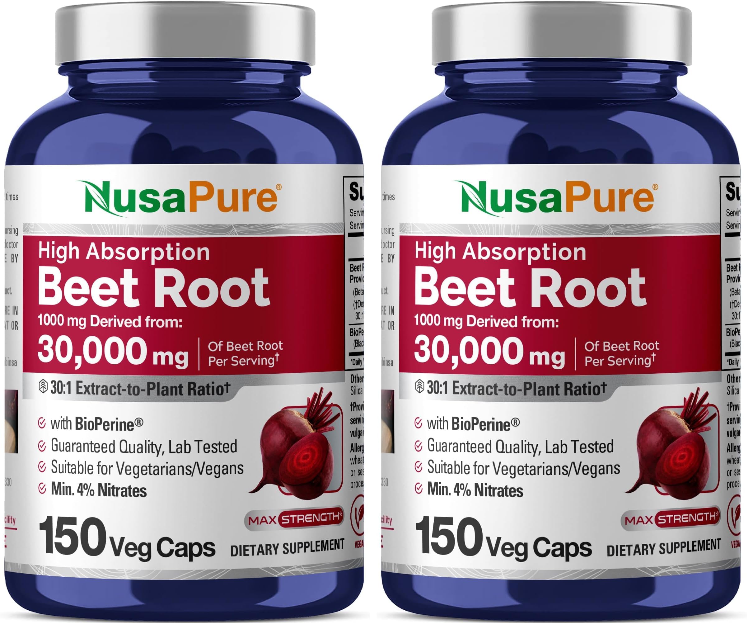 Bottle of NusaPure Beet Root 30:1 Extract with Bioperine
