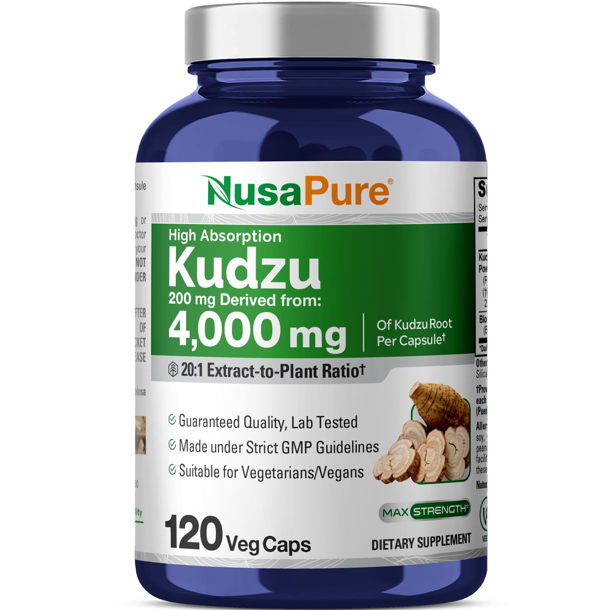 Front view of NusaPure Kudzu Root 20:1 extract bottle with 120 vegan capsules