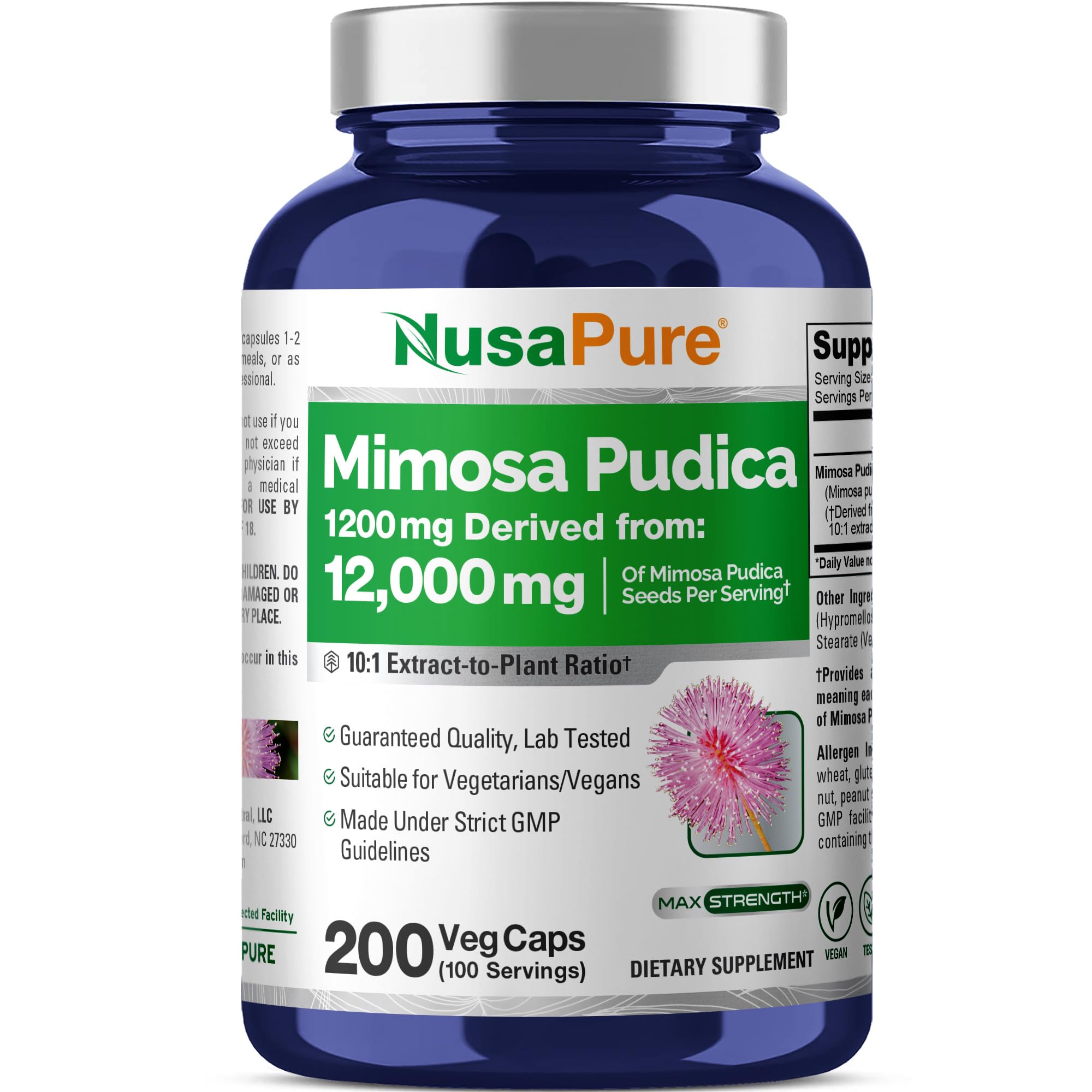 Bottle of NusaPure Mimosa Pudica Seed 10:1 Extract with 200 vegan capsules