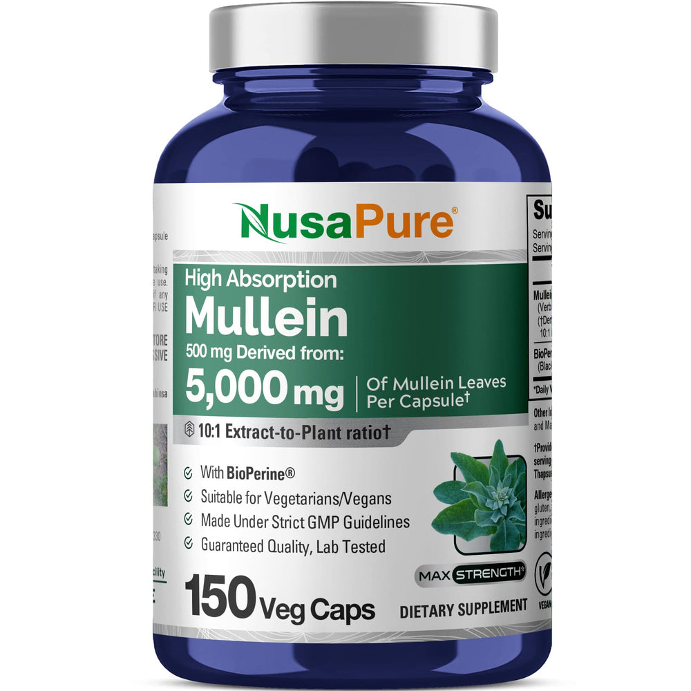 Bottle of NusaPure Mullein Leaf Capsules 150-count with 10:1 extract
