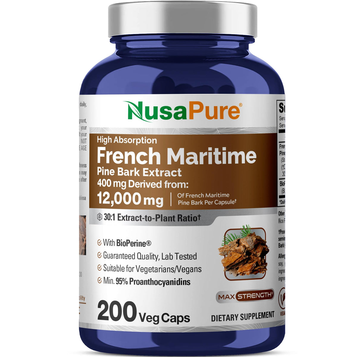 Front label of NusaPure Pine Bark 30:1 extract bottle showing 400 mg capsule