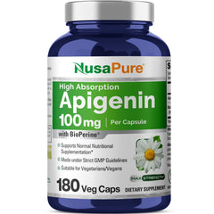 Bottle of NusaPure Apigenin 100 mg per capsule with 180 veggie capsules