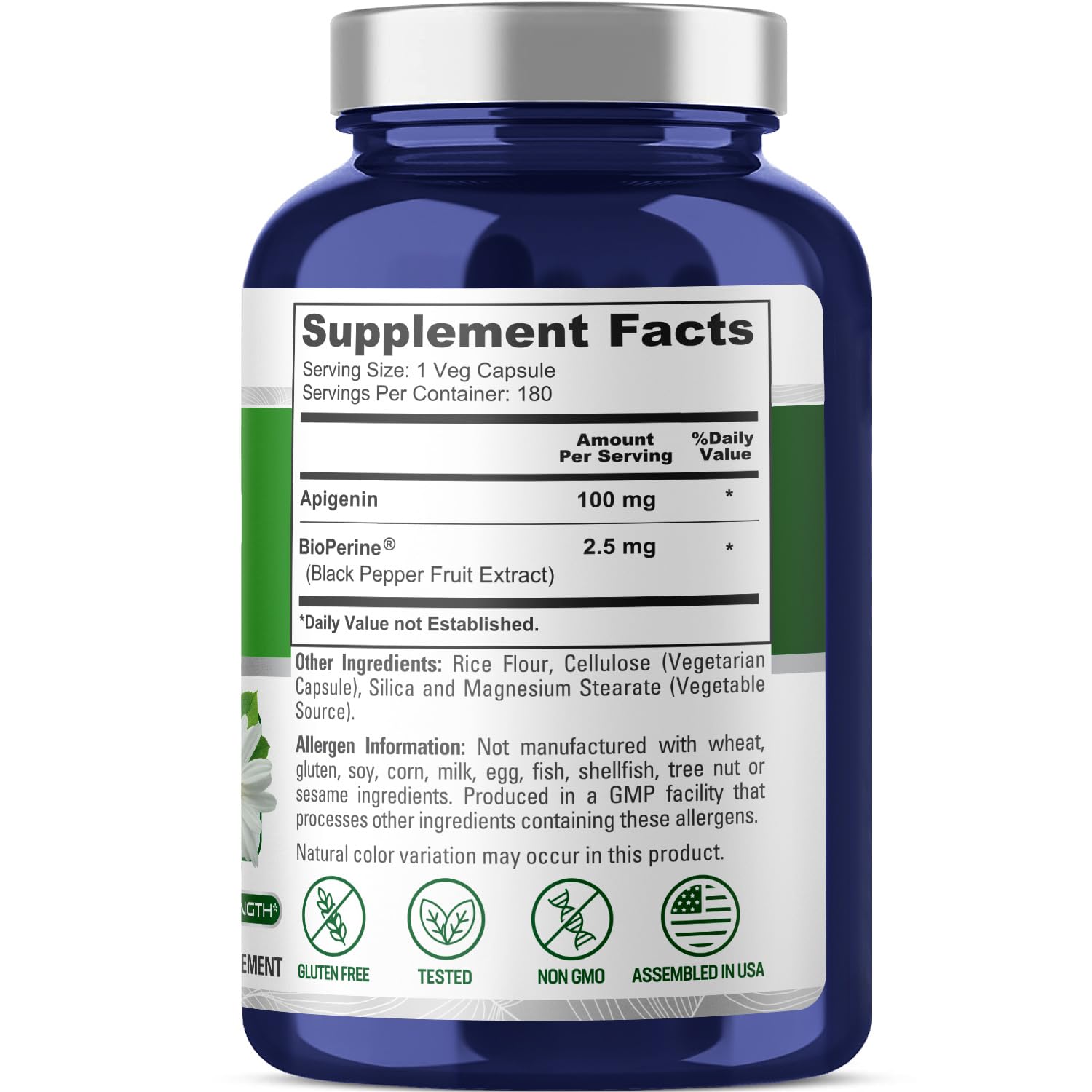 NusaPure Apigenin ingredient label showing 100 mg per capsule with Bioperine