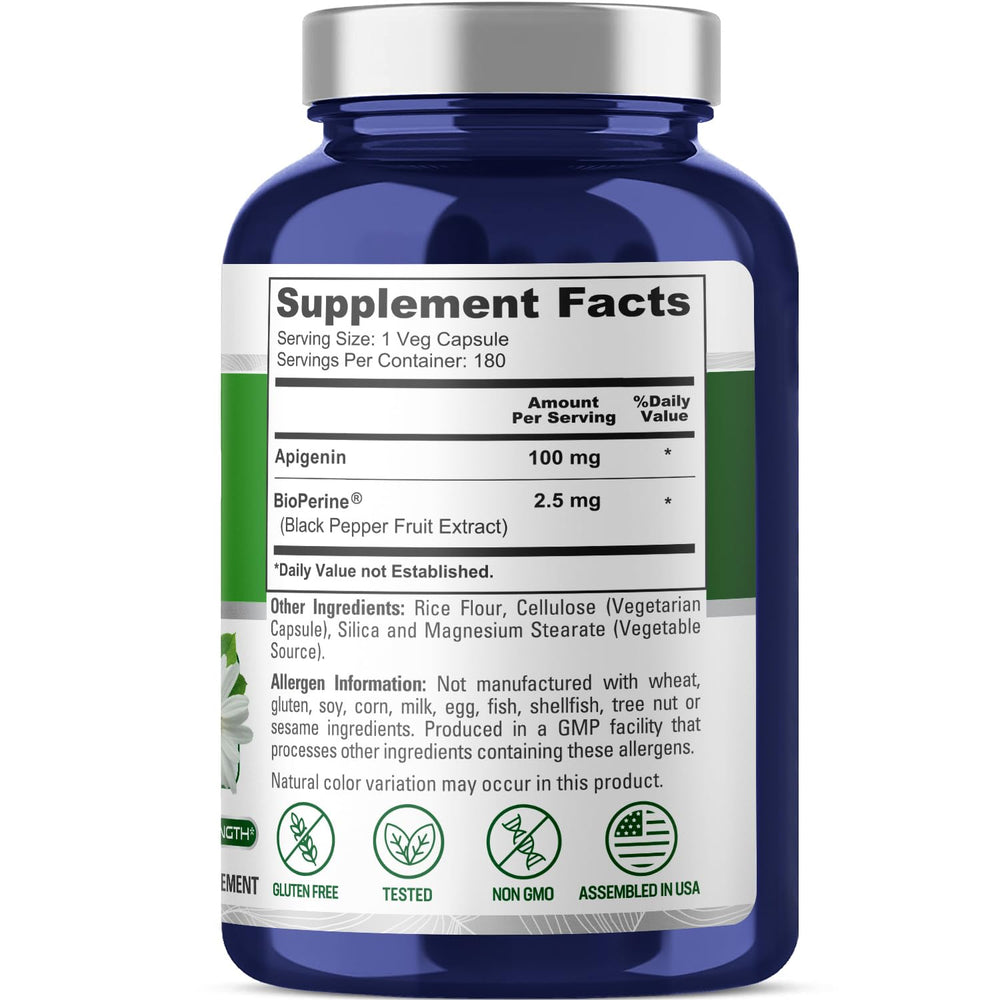 NusaPure Apigenin ingredient label showing 100 mg per capsule with Bioperine