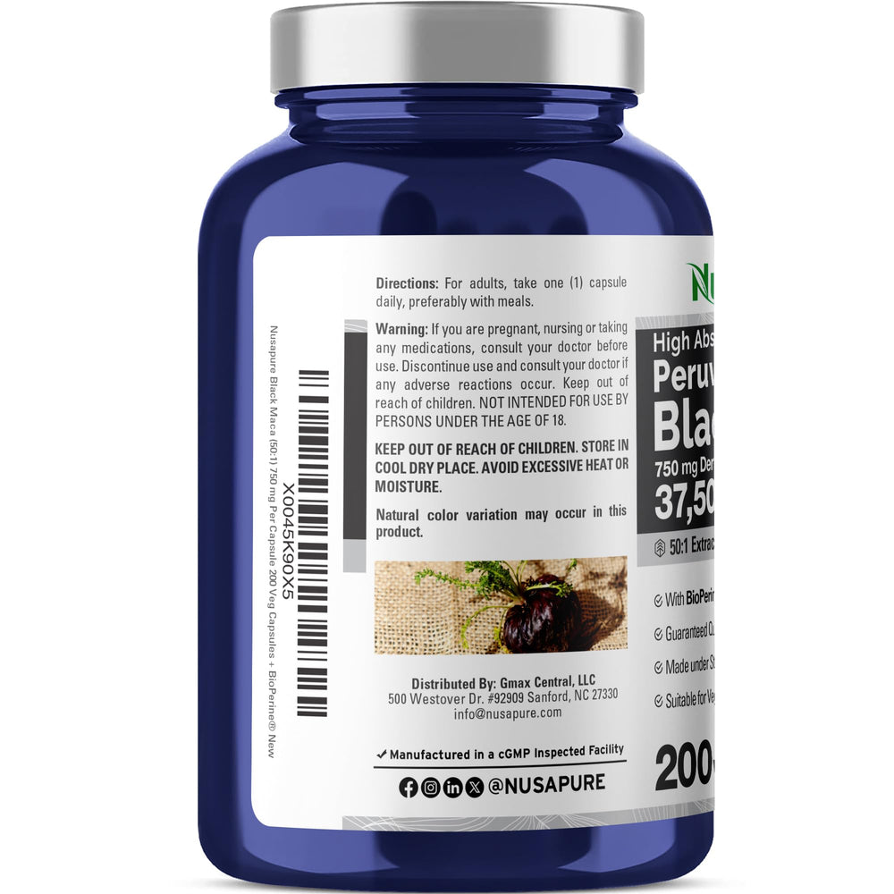 200 vegan capsules from NusaPure Black Maca 50:1 extract
