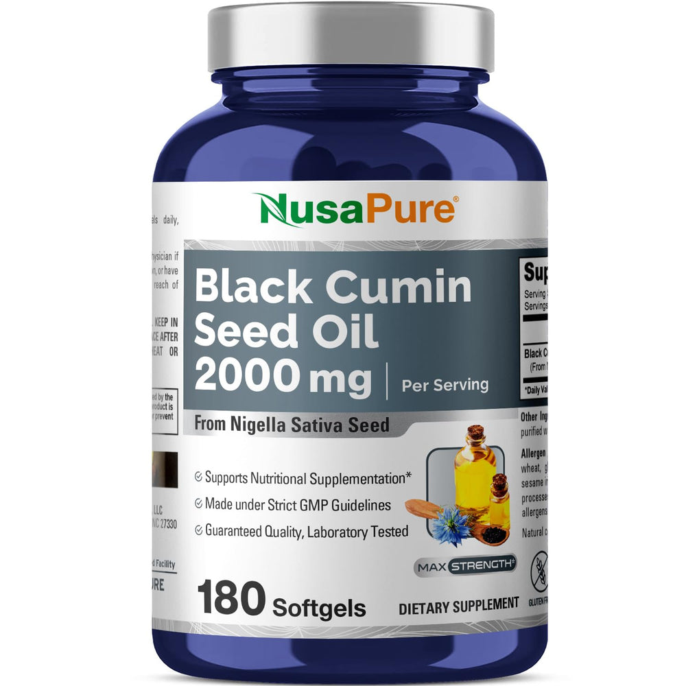 Front view of NusaPure Black Seed Oil 2000mg bottle