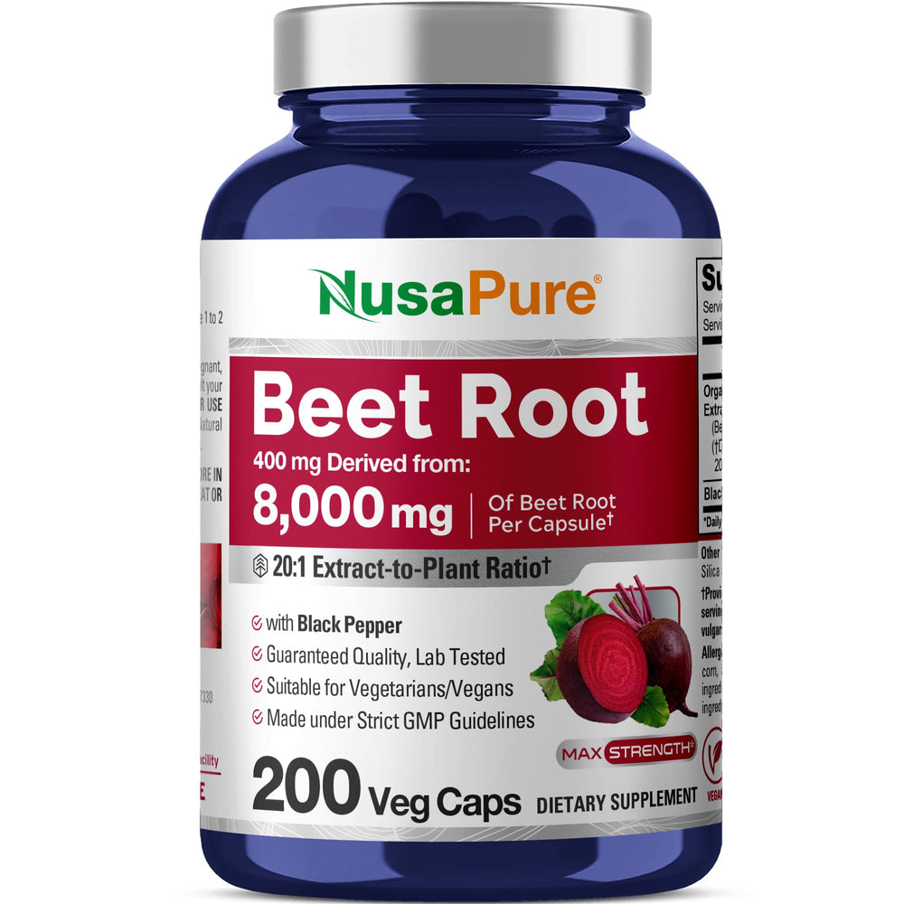 NusaPure Beet Root 20:1 Extract bottle and capsules close-up