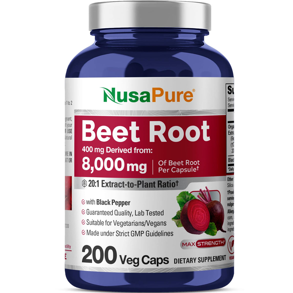 NusaPure Beet Root 20:1 Extract bottle and capsules close-up