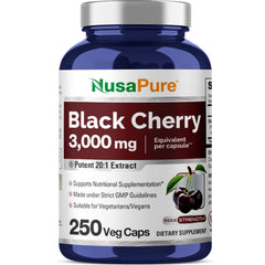Front view of NusaPure Black Cherry Extract bottle showing 3,000mg per capsule and 250 capsules