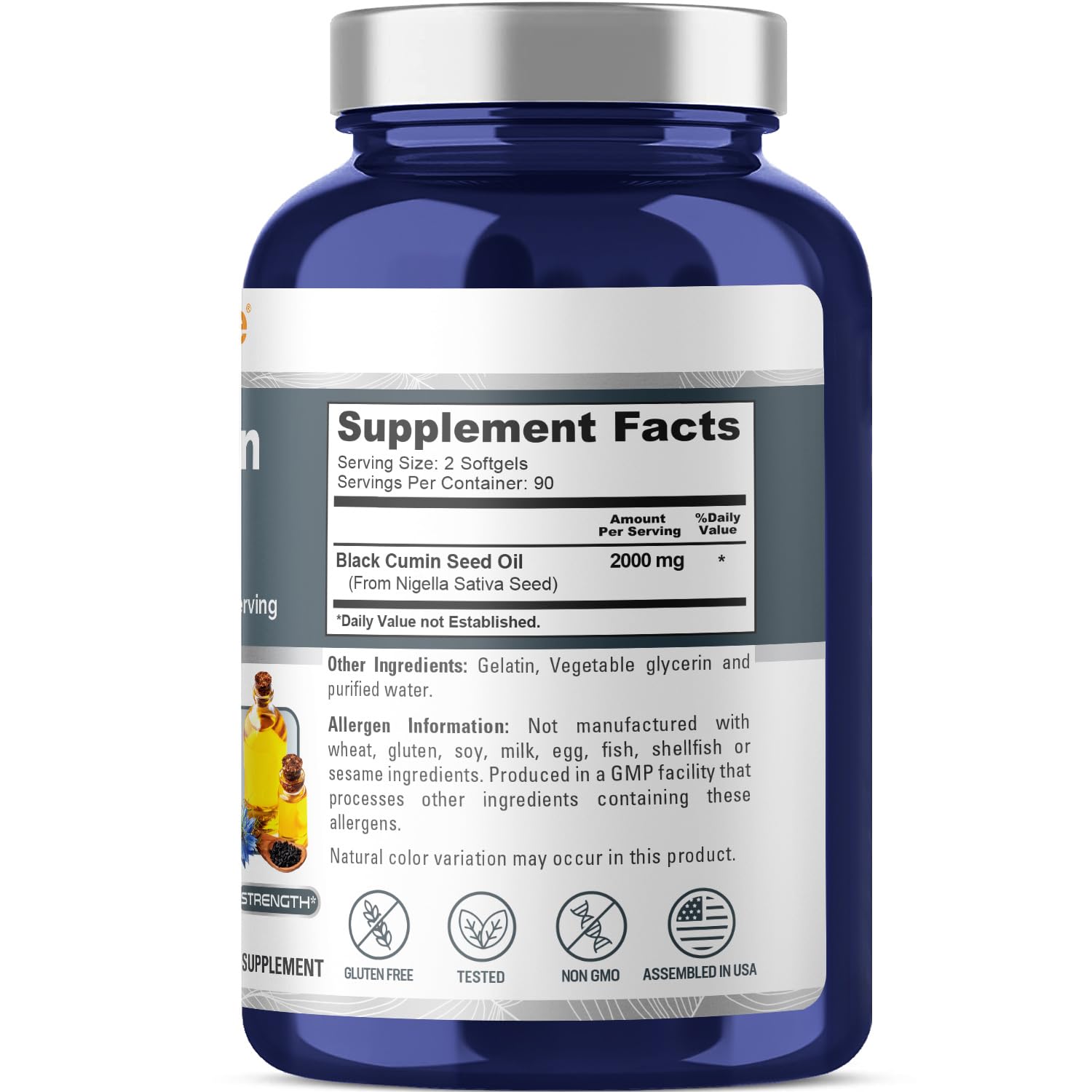 Close-up of cold-pressed hexane-free black seed oil softgels