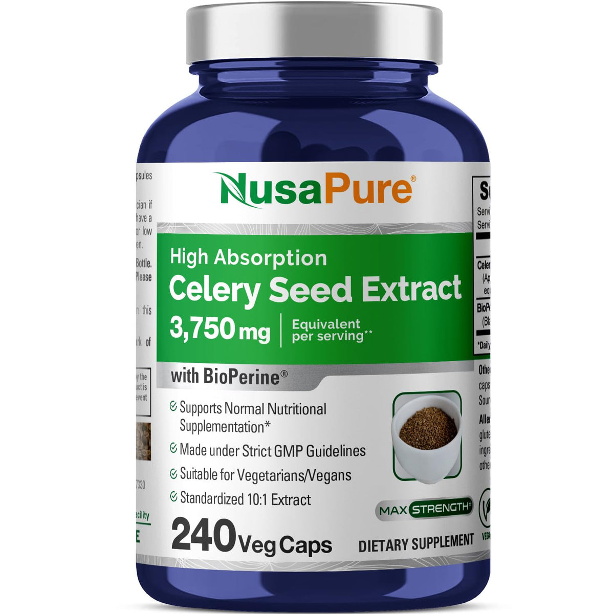 NusaPure Celery Seed Capsules bottle with 10:1 extract and 375 mg equivalent per serving