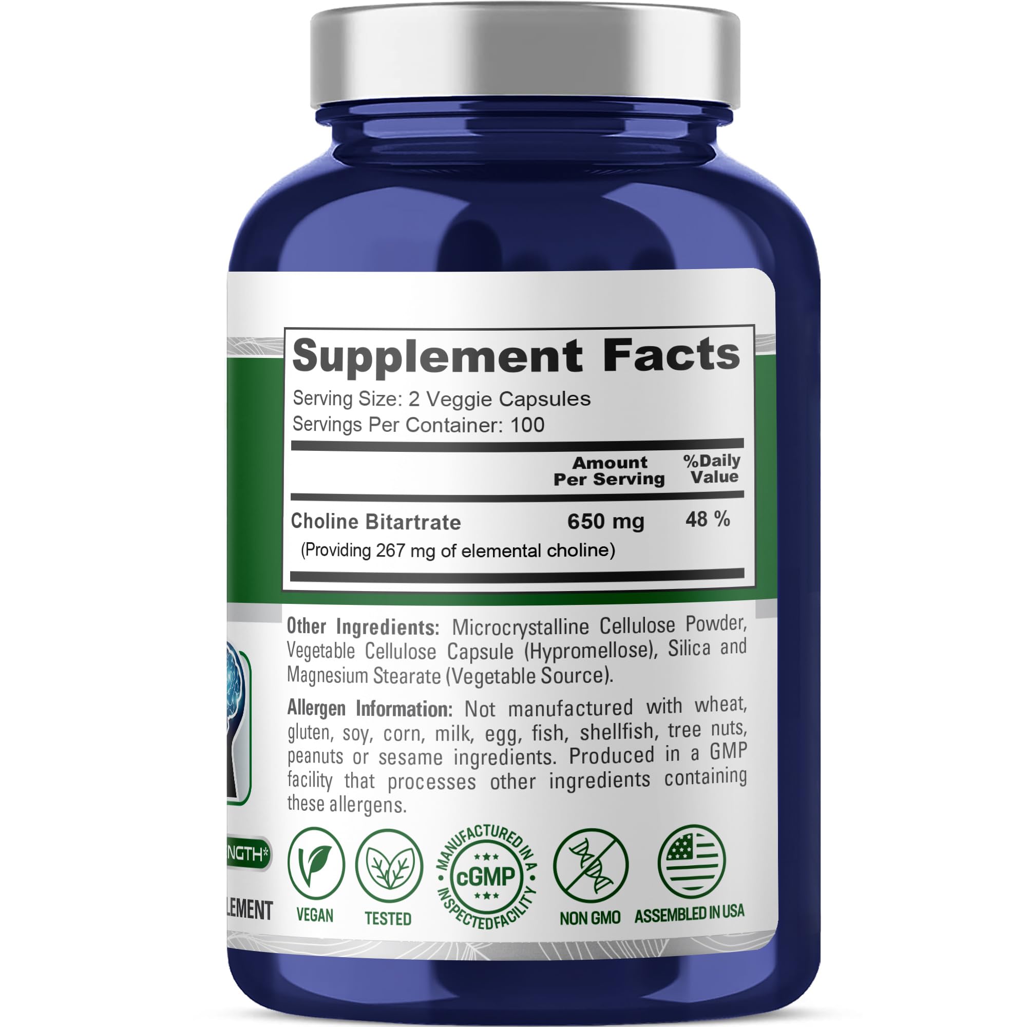 Product label showing 650 mg per serving and 200 capsules