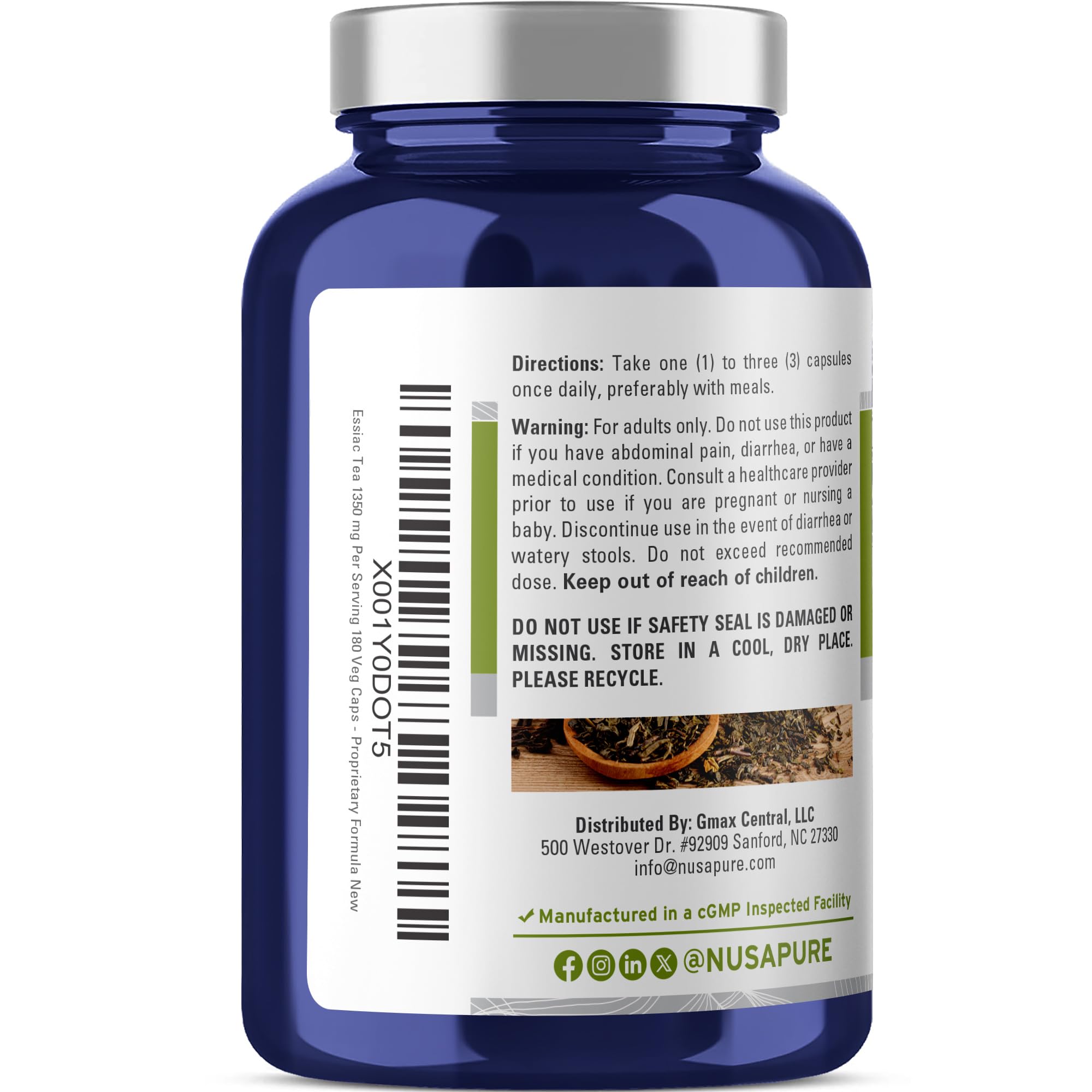 Close-up of NusaPure Essiac Tea label details