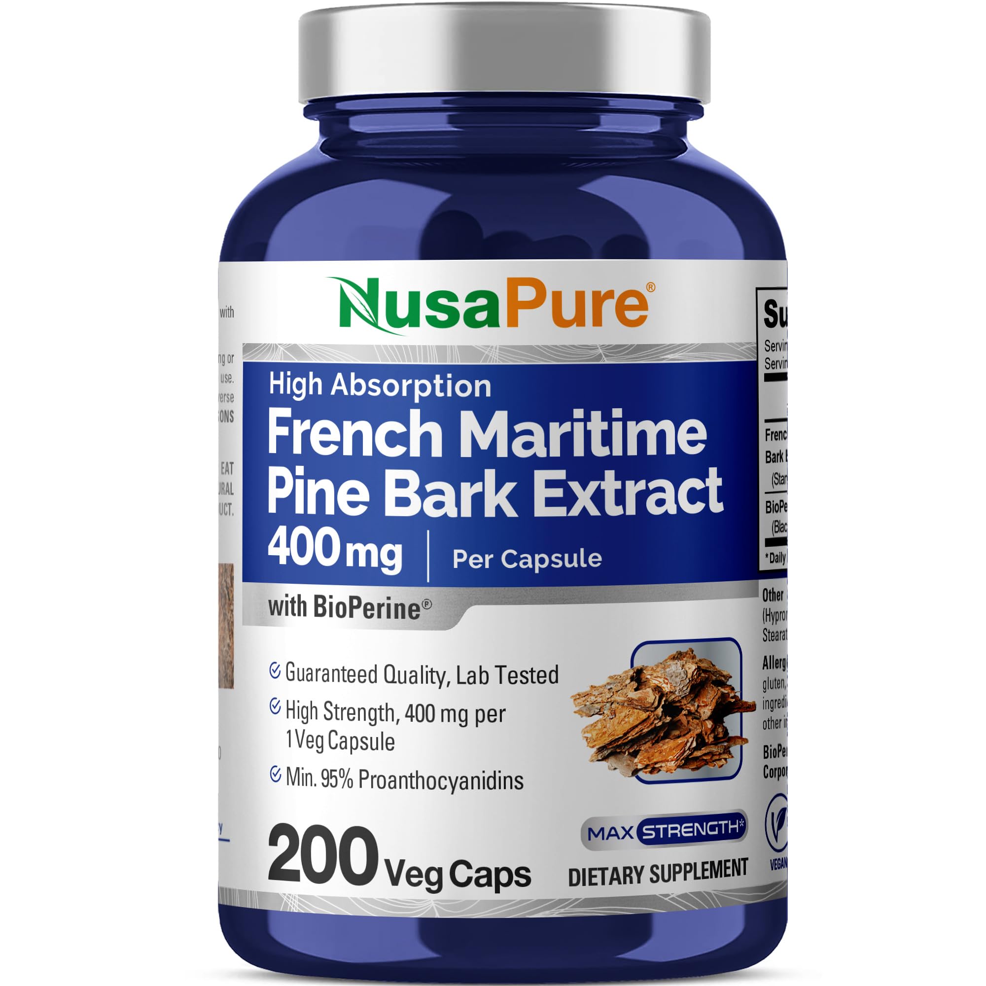 Bottle of NusaPure French Maritime Pine Bark Extract 400mg Veggie Caps