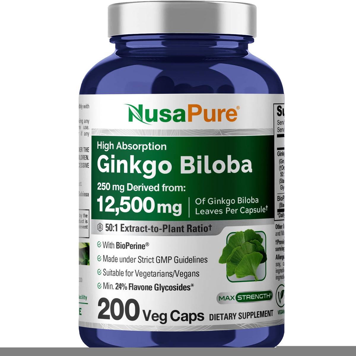 NusaPure Ginkgo Biloba 50:1 extract per capsule 250 mg in 200 vegetarian capsules.